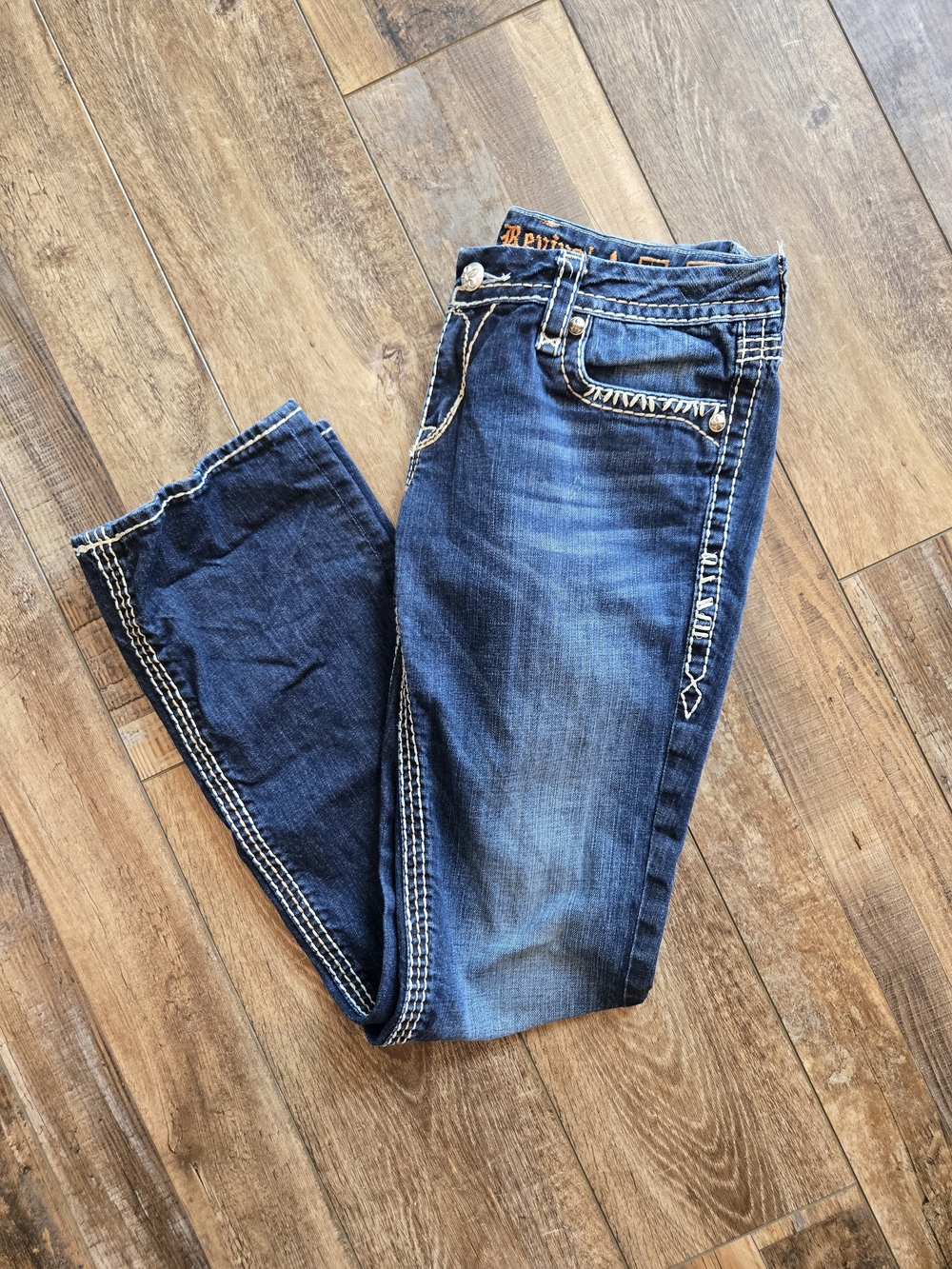 Rock Revival Jenna Bootcut Jeans Size 31 Thick Stitch Embellished Pocket Dark